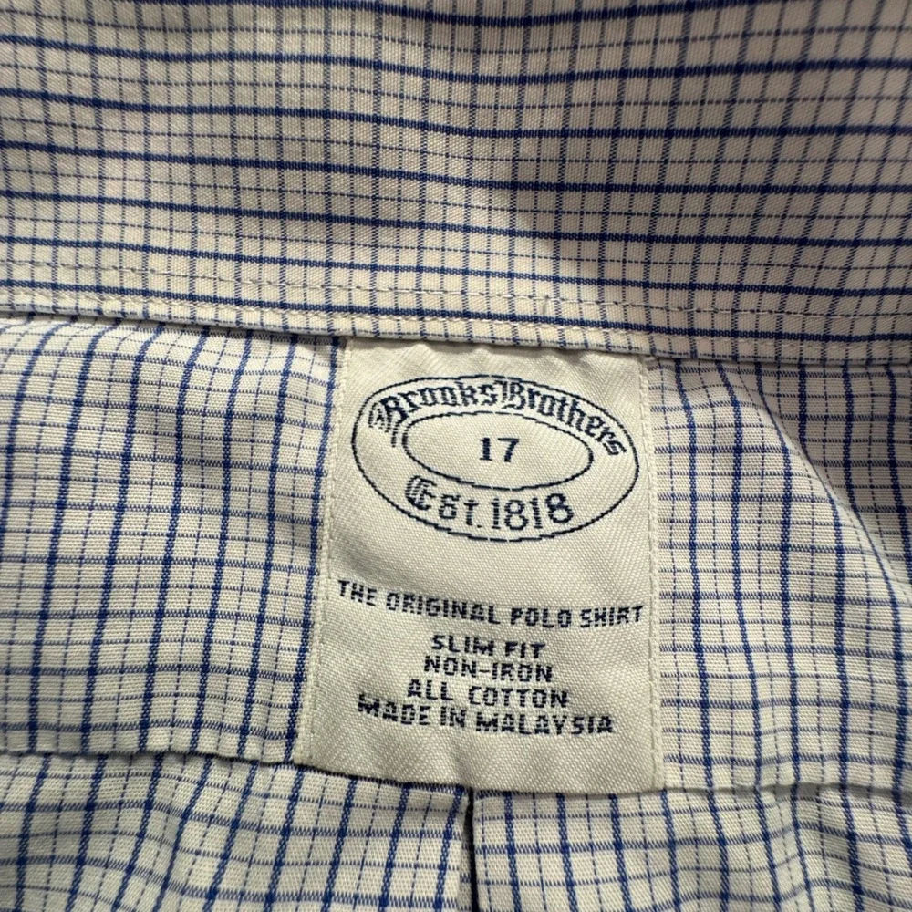 Vintage Brooks Brothers Shirt Mens 17 Blue White Check Cotton Slim Fit Non Iron